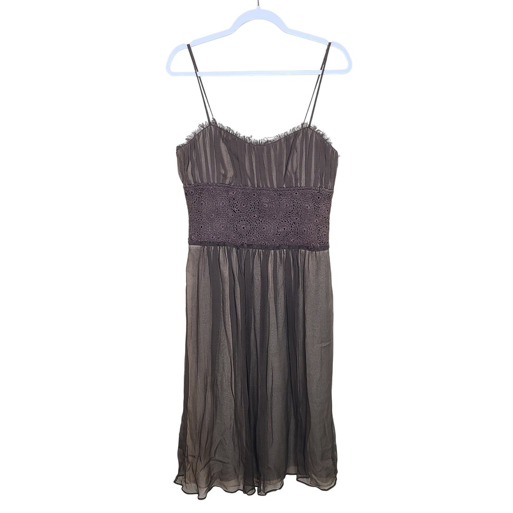 Y2K Brown 100% Silk Lace Babydoll Dress M Forest Fairy Grunge Sheer Mesh Empire